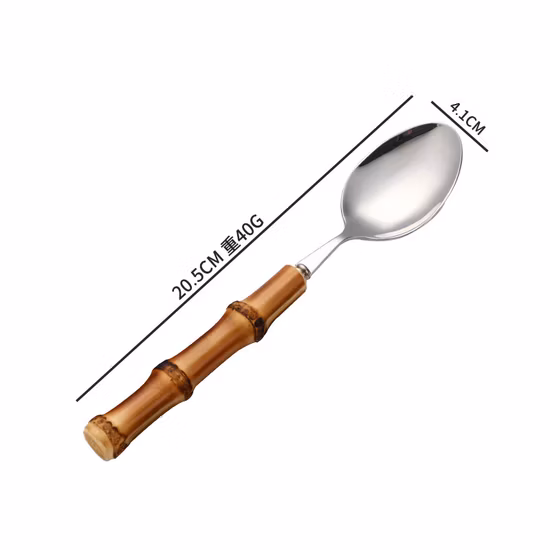 Ensemble de couverts à manche en bambou naturel, cuillère en acier inoxydable 304, fourchette, couteau, couverts à manche en bambou