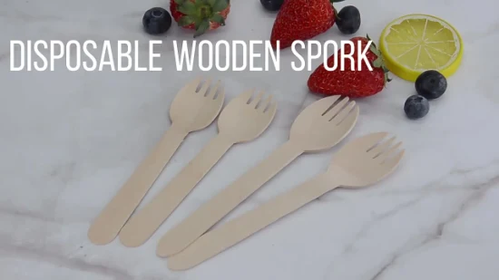 Cuillère jetable en bois de bouleau biodégradable, fourchette Spork